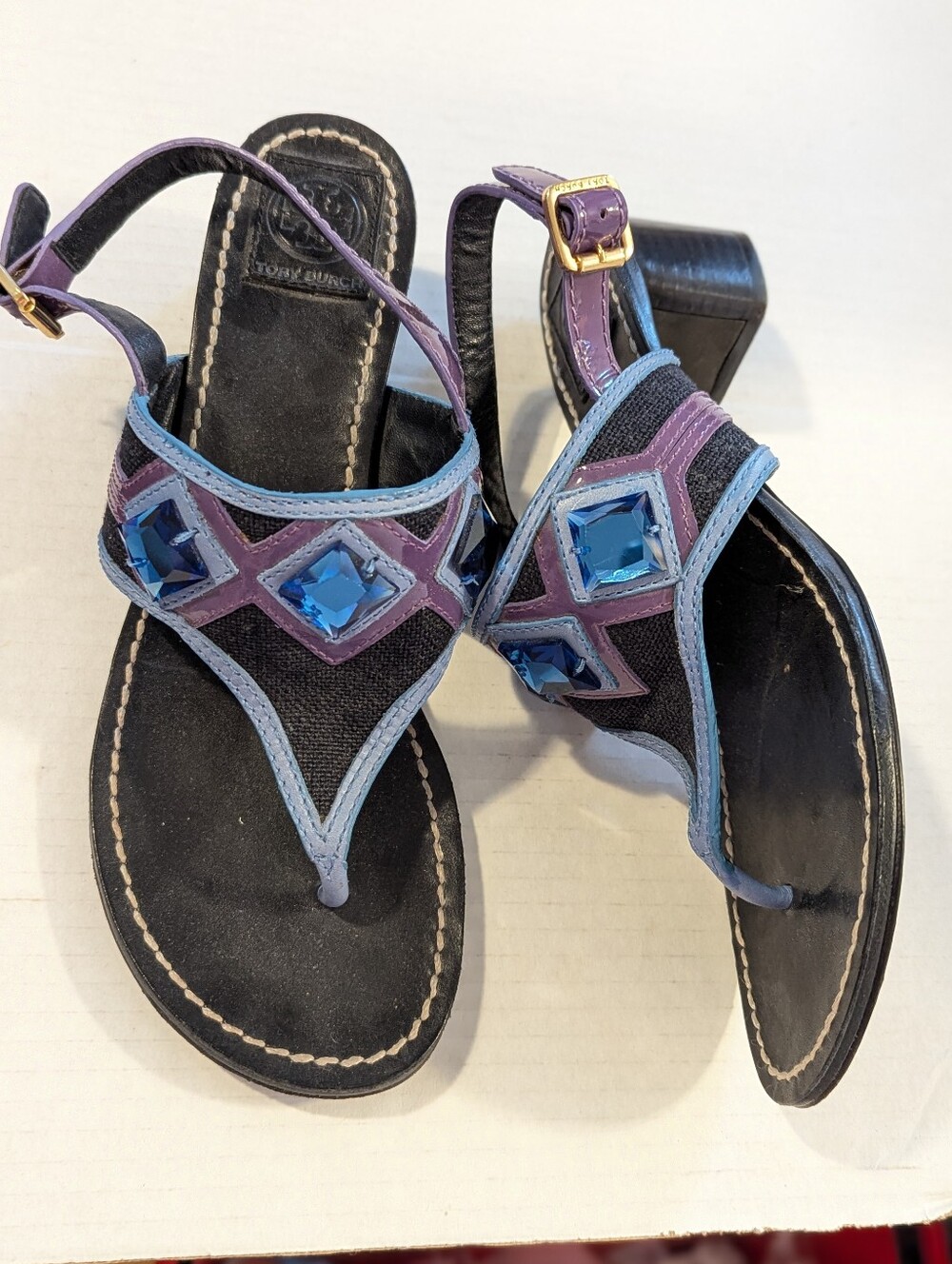Tory Burch Etta Retro 70s Embellished Low Heel Thong Sandal Sz 38 8 Logo Boho
